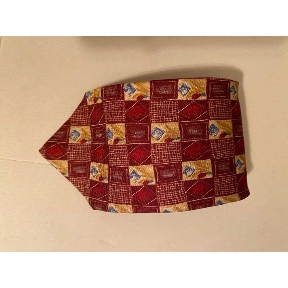 Chatterbox Joe Boxer Mens Silk Tie Geometric Grid Burgundy Gold Made in Italy